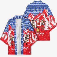 Slovakia Christmas Kimono with Santa and Dancers by Campfire Snowy Mountains and Red Blue Snowflake Pattern Design - Wonder Print Shop