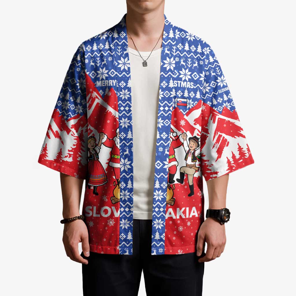 Slovakia Christmas Kimono with Santa and Dancers by Campfire Snowy Mountains and Red Blue Snowflake Pattern Design - Wonder Print Shop