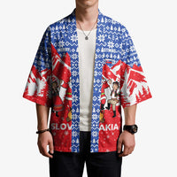 Slovakia Christmas Kimono with Santa and Dancers by Campfire Snowy Mountains and Red Blue Snowflake Pattern Design - Wonder Print Shop