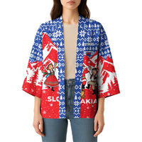 Slovakia Christmas Kimono with Santa and Dancers by Campfire Snowy Mountains and Red Blue Snowflake Pattern Design - Wonder Print Shop