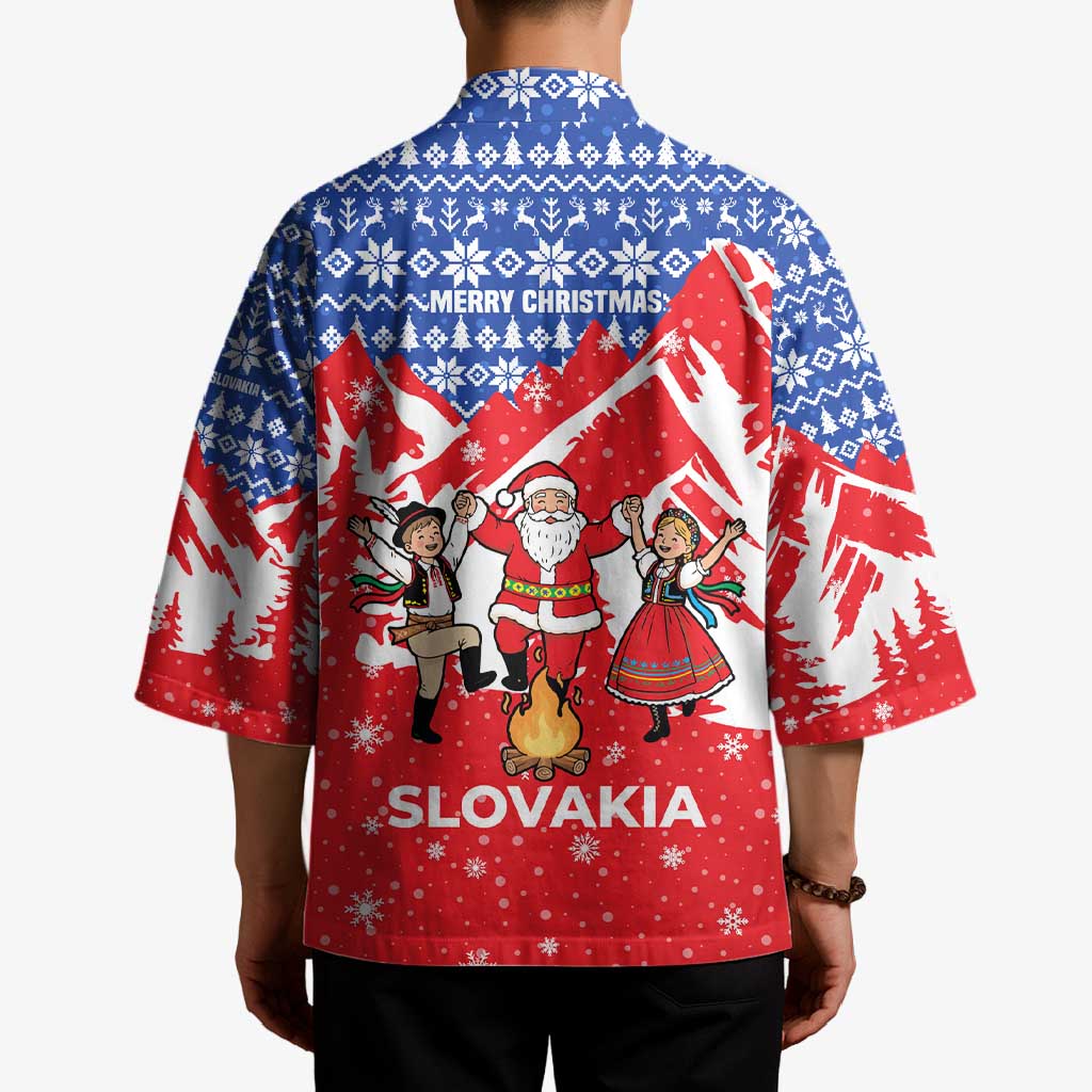 Slovakia Christmas Kimono with Santa and Dancers by Campfire Snowy Mountains and Red Blue Snowflake Pattern Design - Wonder Print Shop