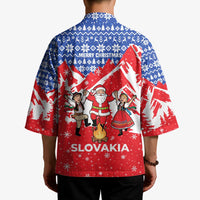 Slovakia Christmas Kimono with Santa and Dancers by Campfire Snowy Mountains and Red Blue Snowflake Pattern Design - Wonder Print Shop
