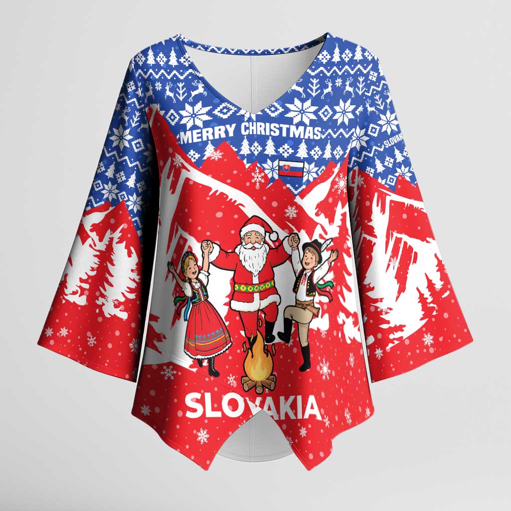 Slovakia Christmas Kimono Sleeve Blouse with Santa and Dancers by Campfire Snowy Mountains and Red Blue Snowflake Pattern Design - Wonder Print Shop