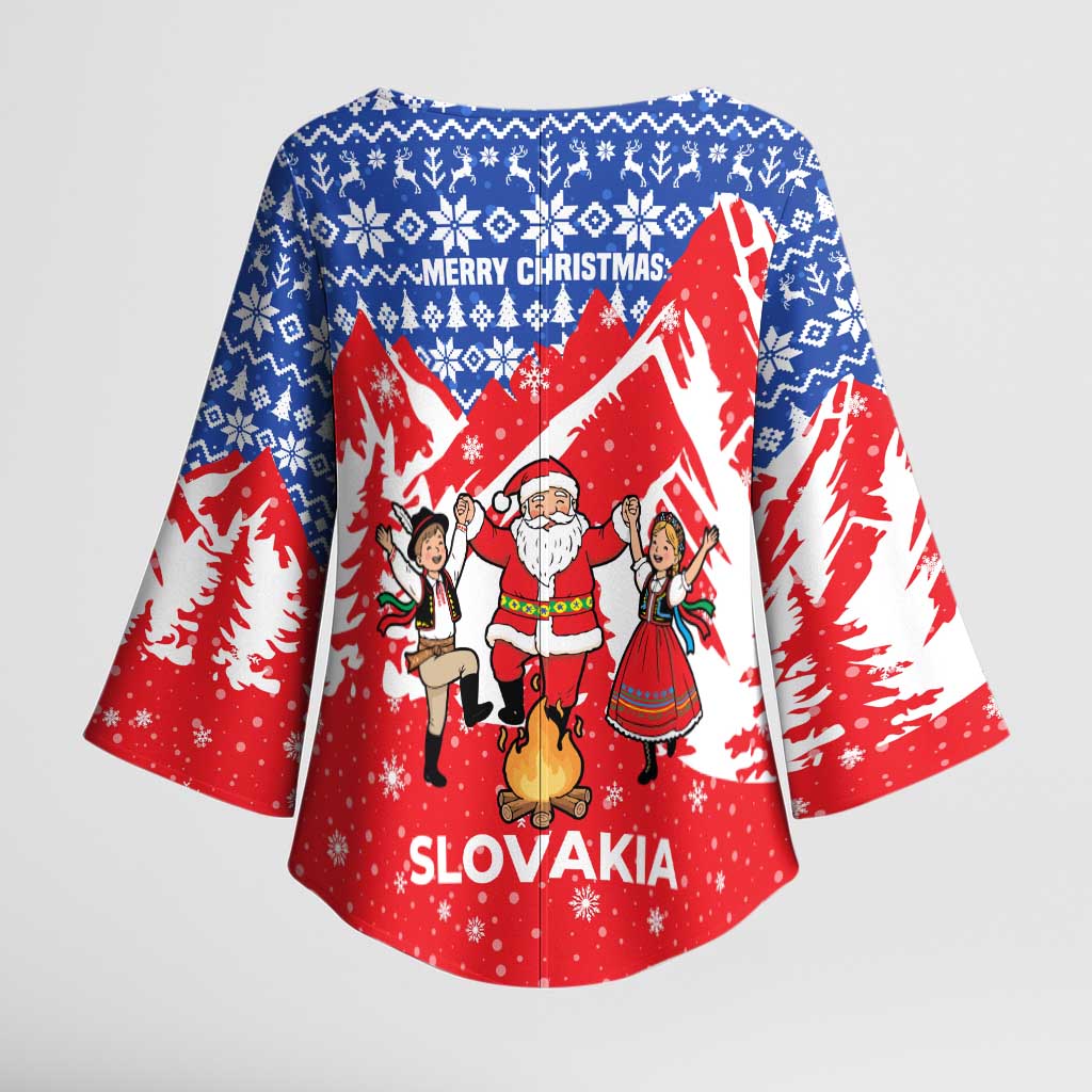 Slovakia Christmas Kimono Sleeve Blouse with Santa and Dancers by Campfire Snowy Mountains and Red Blue Snowflake Pattern Design - Wonder Print Shop