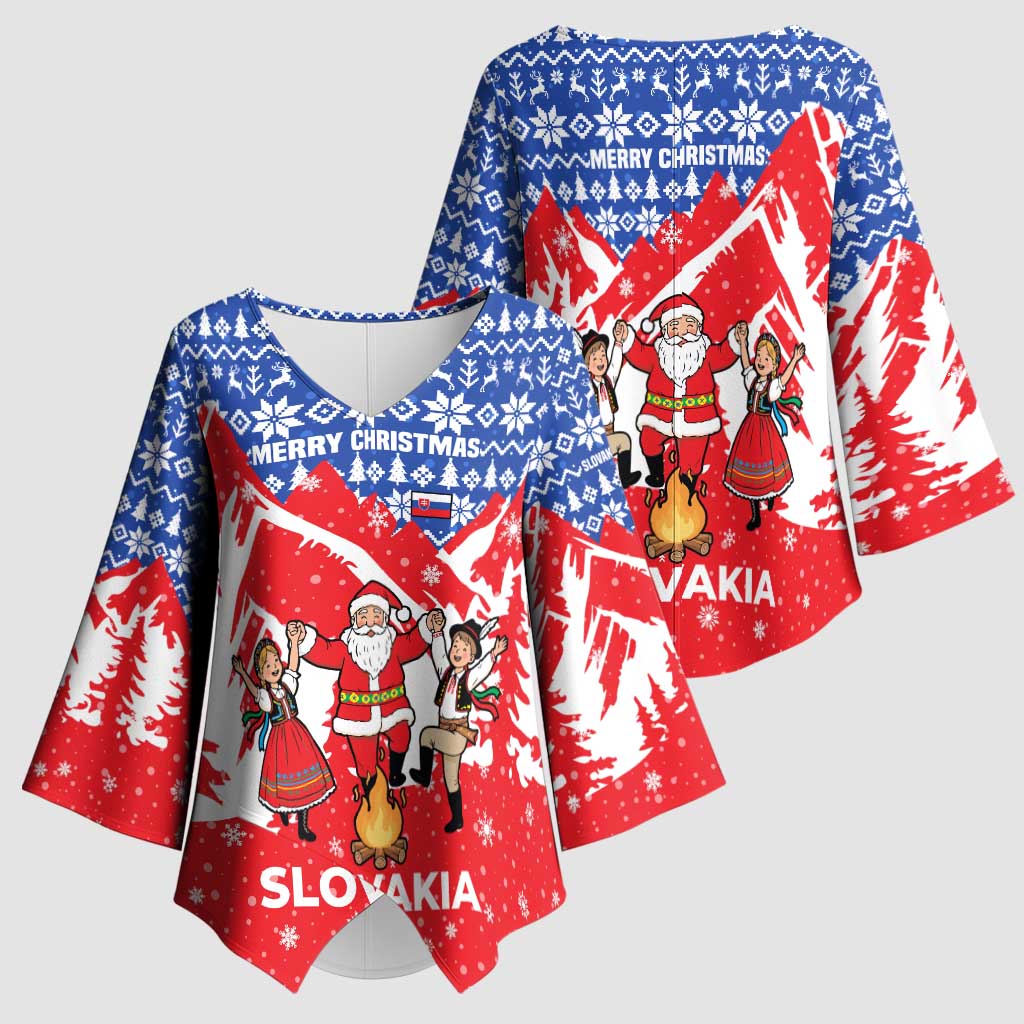 Slovakia Christmas Kimono Sleeve Blouse with Santa and Dancers by Campfire Snowy Mountains and Red Blue Snowflake Pattern Design - Wonder Print Shop