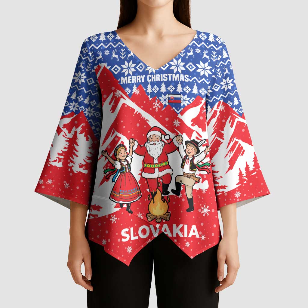 Slovakia Christmas Kimono Sleeve Blouse with Santa and Dancers by Campfire Snowy Mountains and Red Blue Snowflake Pattern Design - Wonder Print Shop