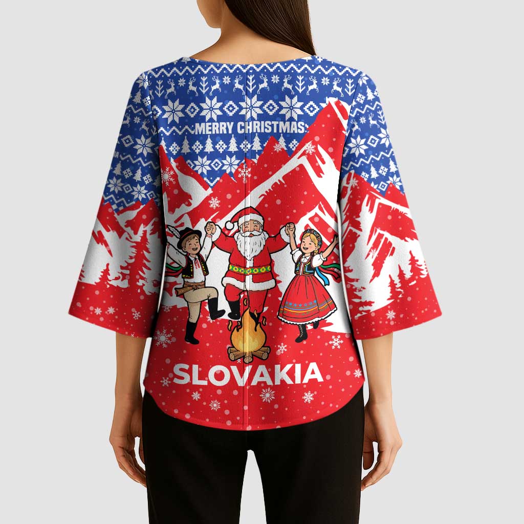 Slovakia Christmas Kimono Sleeve Blouse with Santa and Dancers by Campfire Snowy Mountains and Red Blue Snowflake Pattern Design - Wonder Print Shop
