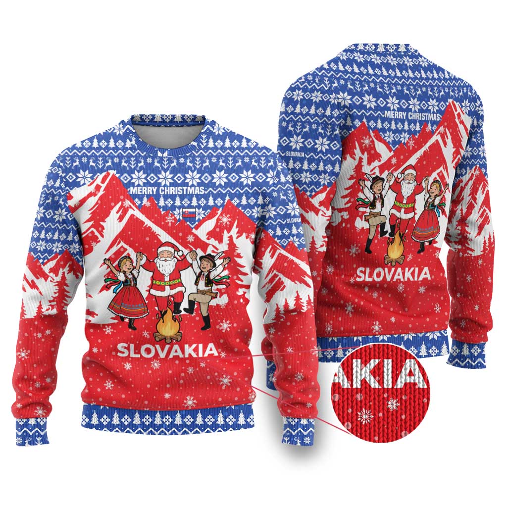 Slovakia Christmas Ugly Christmas Sweater with Santa and Dancers by Campfire Snowy Mountains and Red Blue Snowflake Pattern Design - Wonder Print Shop