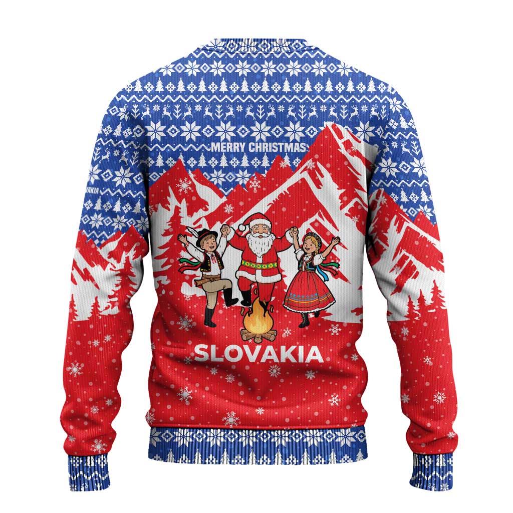 Slovakia Christmas Ugly Christmas Sweater with Santa and Dancers by Campfire Snowy Mountains and Red Blue Snowflake Pattern Design - Wonder Print Shop