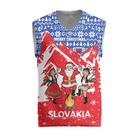Slovakia Christmas Knitted V-Neck Vest with Santa and Dancers by Campfire Snowy Mountains and Red Blue Snowflake Pattern Design - Wonder Print Shop