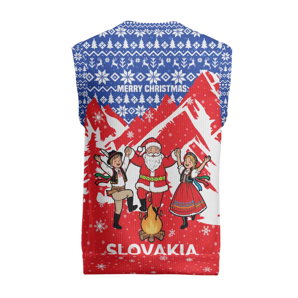Slovakia Christmas Knitted V-Neck Vest with Santa and Dancers by Campfire Snowy Mountains and Red Blue Snowflake Pattern Design - Wonder Print Shop