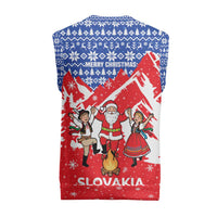Slovakia Christmas Knitted V-Neck Vest with Santa and Dancers by Campfire Snowy Mountains and Red Blue Snowflake Pattern Design - Wonder Print Shop