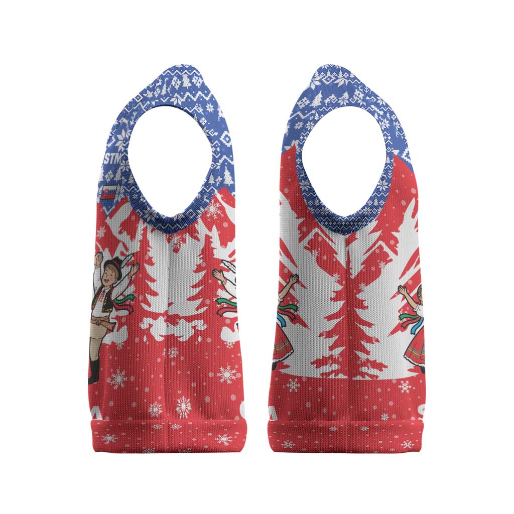 Slovakia Christmas Knitted V-Neck Vest with Santa and Dancers by Campfire Snowy Mountains and Red Blue Snowflake Pattern Design - Wonder Print Shop