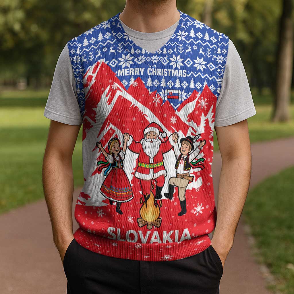 Slovakia Christmas Knitted V-Neck Vest with Santa and Dancers by Campfire Snowy Mountains and Red Blue Snowflake Pattern Design - Wonder Print Shop