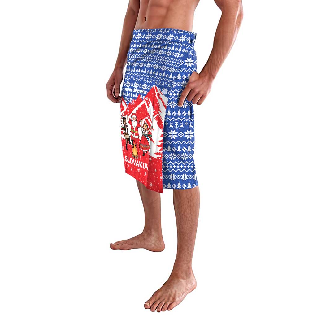 Slovakia Christmas Lavalava with Santa and Dancers by Campfire Snowy Mountains and Red Blue Snowflake Pattern Design - Wonder Print Shop