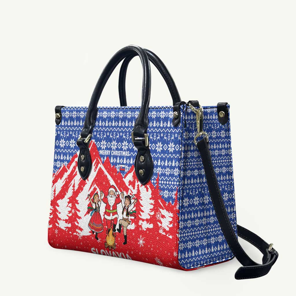 Slovakia Christmas Leather Bag with Santa and Dancers by Campfire Snowy Mountains and Red Blue Snowflake Pattern Design - Wonder Print Shop