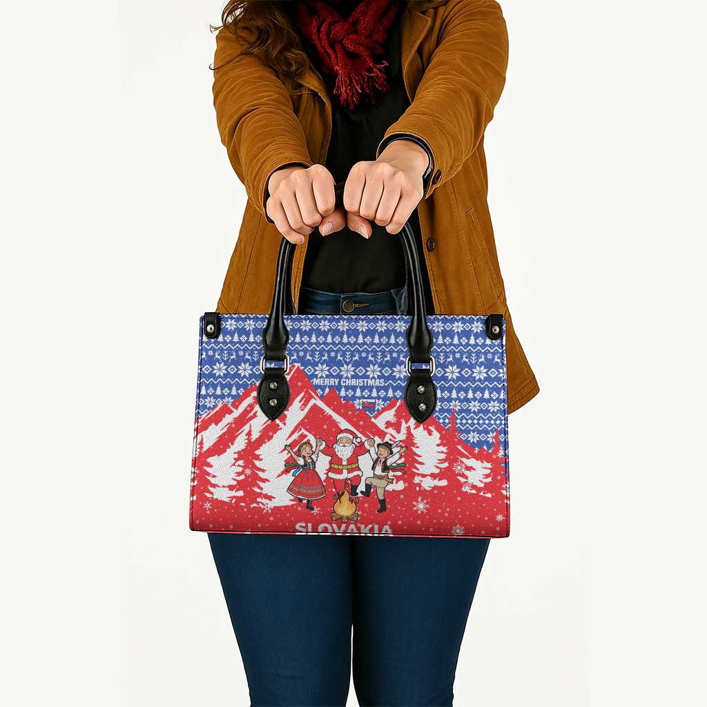 Slovakia Christmas Leather Bag with Santa and Dancers by Campfire Snowy Mountains and Red Blue Snowflake Pattern Design - Wonder Print Shop