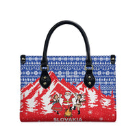 Slovakia Christmas Leather Bag with Santa and Dancers by Campfire Snowy Mountains and Red Blue Snowflake Pattern Design - Wonder Print Shop