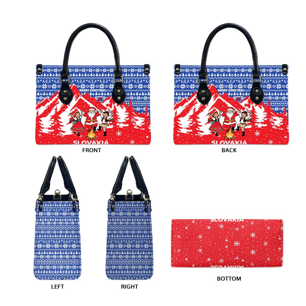 Slovakia Christmas Leather Bag with Santa and Dancers by Campfire Snowy Mountains and Red Blue Snowflake Pattern Design - Wonder Print Shop