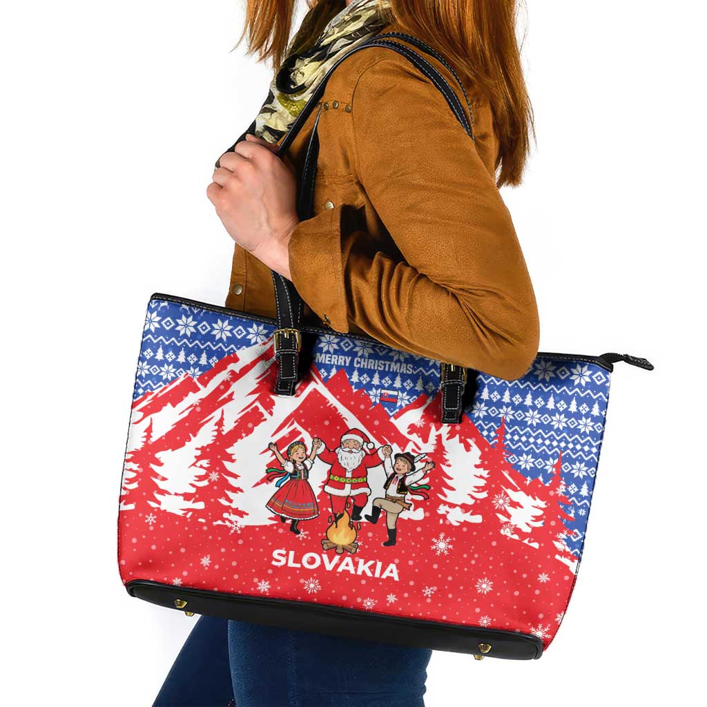 Slovakia Christmas Leather Tote Bag with Santa and Dancers by Campfire Snowy Mountains and Red Blue Snowflake Pattern Design - Wonder Print Shop