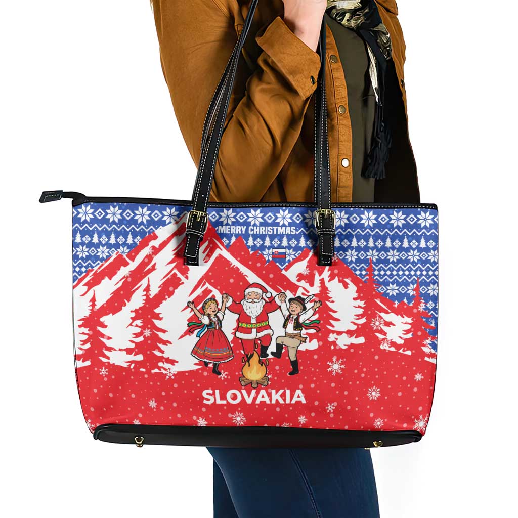 Slovakia Christmas Leather Tote Bag with Santa and Dancers by Campfire Snowy Mountains and Red Blue Snowflake Pattern Design - Wonder Print Shop