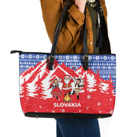 Slovakia Christmas Leather Tote Bag with Santa and Dancers by Campfire Snowy Mountains and Red Blue Snowflake Pattern Design - Wonder Print Shop