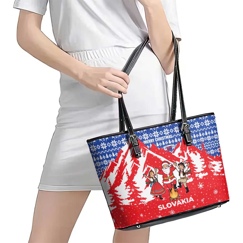 Slovakia Christmas Leather Tote Bag with Santa and Dancers by Campfire Snowy Mountains and Red Blue Snowflake Pattern Design - Wonder Print Shop
