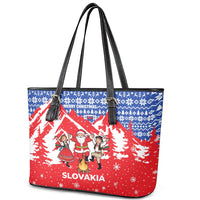 Slovakia Christmas Leather Tote Bag with Santa and Dancers by Campfire Snowy Mountains and Red Blue Snowflake Pattern Design - Wonder Print Shop
