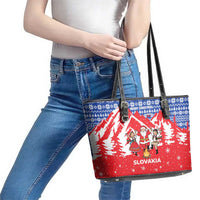 Slovakia Christmas Leather Tote Bag with Santa and Dancers by Campfire Snowy Mountains and Red Blue Snowflake Pattern Design - Wonder Print Shop