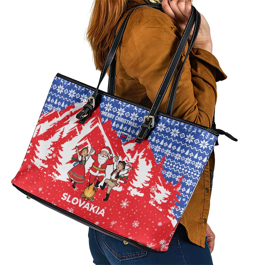 Slovakia Christmas Leather Tote Bag with Santa and Dancers by Campfire Snowy Mountains and Red Blue Snowflake Pattern Design - Wonder Print Shop