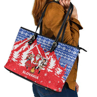 Slovakia Christmas Leather Tote Bag with Santa and Dancers by Campfire Snowy Mountains and Red Blue Snowflake Pattern Design - Wonder Print Shop