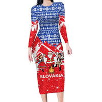Slovakia Christmas Long Sleeve Bodycon Dress with Santa and Dancers by Campfire Snowy Mountains and Red Blue Snowflake Pattern Design - Wonder Print Shop