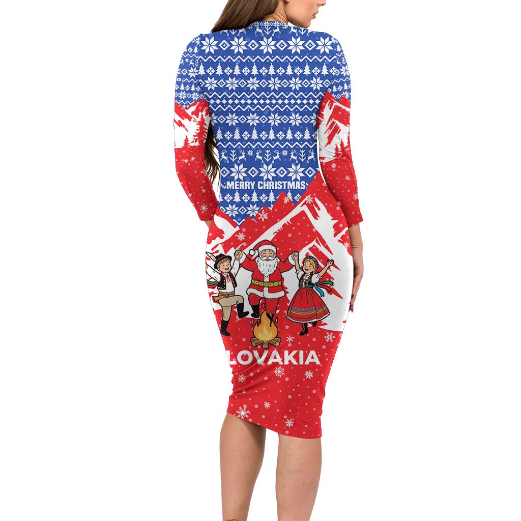 Slovakia Christmas Long Sleeve Bodycon Dress with Santa and Dancers by Campfire Snowy Mountains and Red Blue Snowflake Pattern Design - Wonder Print Shop