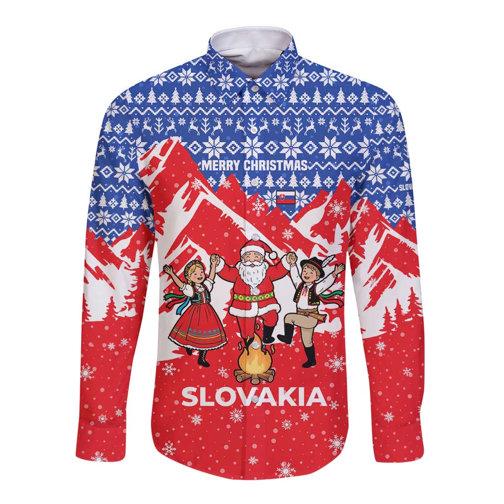 Slovakia Christmas Long Sleeve Button Shirt with Santa and Dancers by Campfire Snowy Mountains and Red Blue Snowflake Pattern Design - Wonder Print Shop