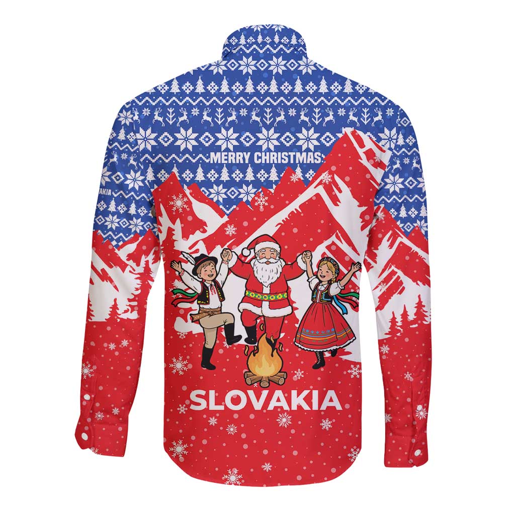 Slovakia Christmas Long Sleeve Button Shirt with Santa and Dancers by Campfire Snowy Mountains and Red Blue Snowflake Pattern Design - Wonder Print Shop
