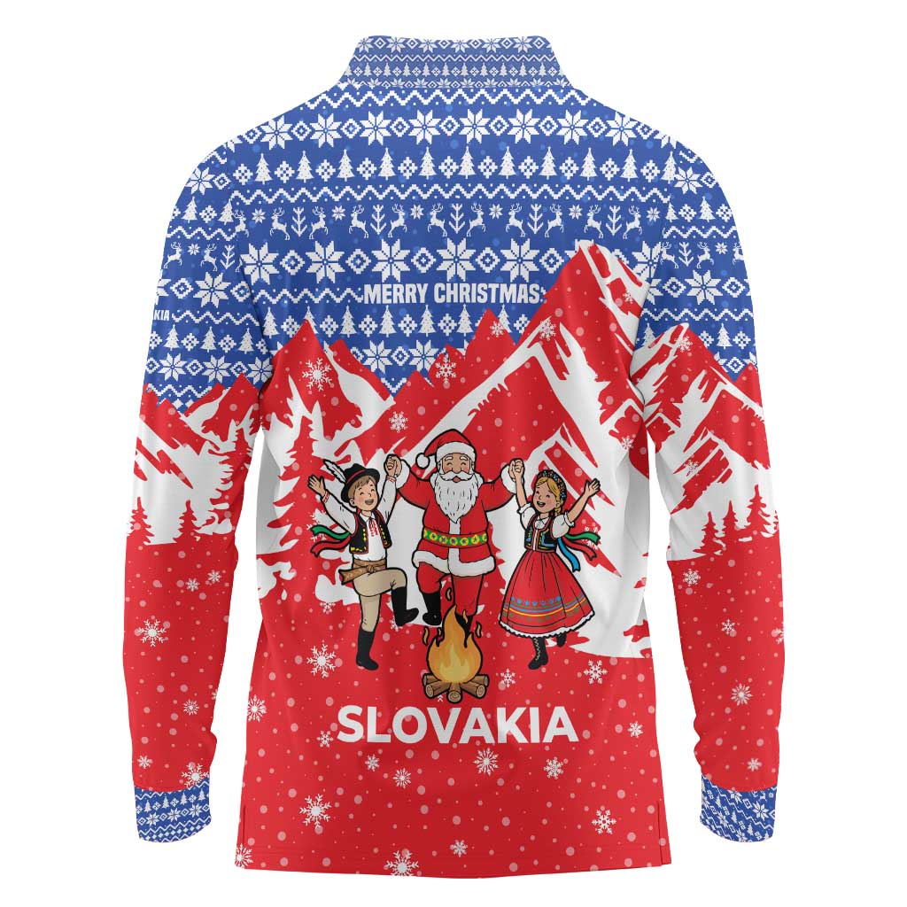 Slovakia Christmas Long Sleeve Polo Shirt with Santa and Dancers by Campfire Snowy Mountains and Red Blue Snowflake Pattern Design - Wonder Print Shop