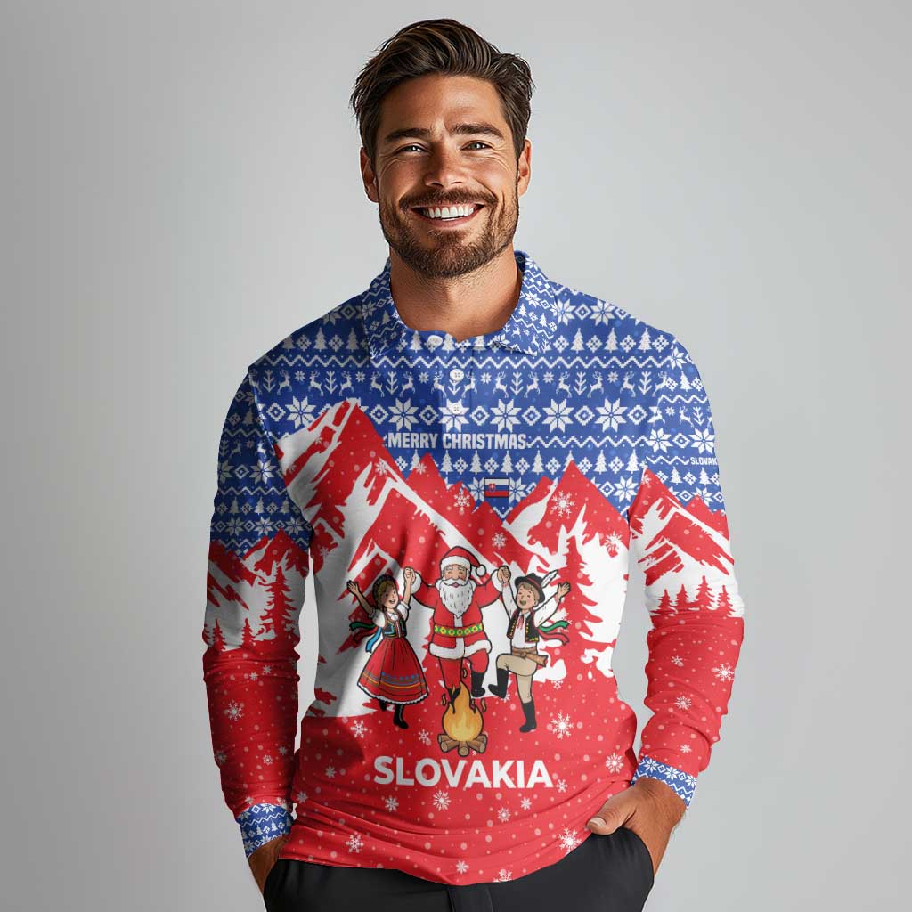 Slovakia Christmas Long Sleeve Polo Shirt with Santa and Dancers by Campfire Snowy Mountains and Red Blue Snowflake Pattern Design - Wonder Print Shop