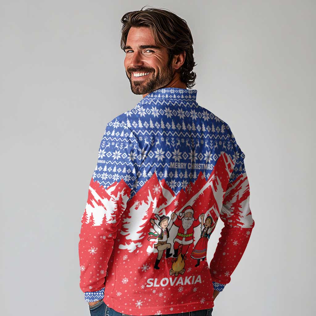 Slovakia Christmas Long Sleeve Polo Shirt with Santa and Dancers by Campfire Snowy Mountains and Red Blue Snowflake Pattern Design - Wonder Print Shop