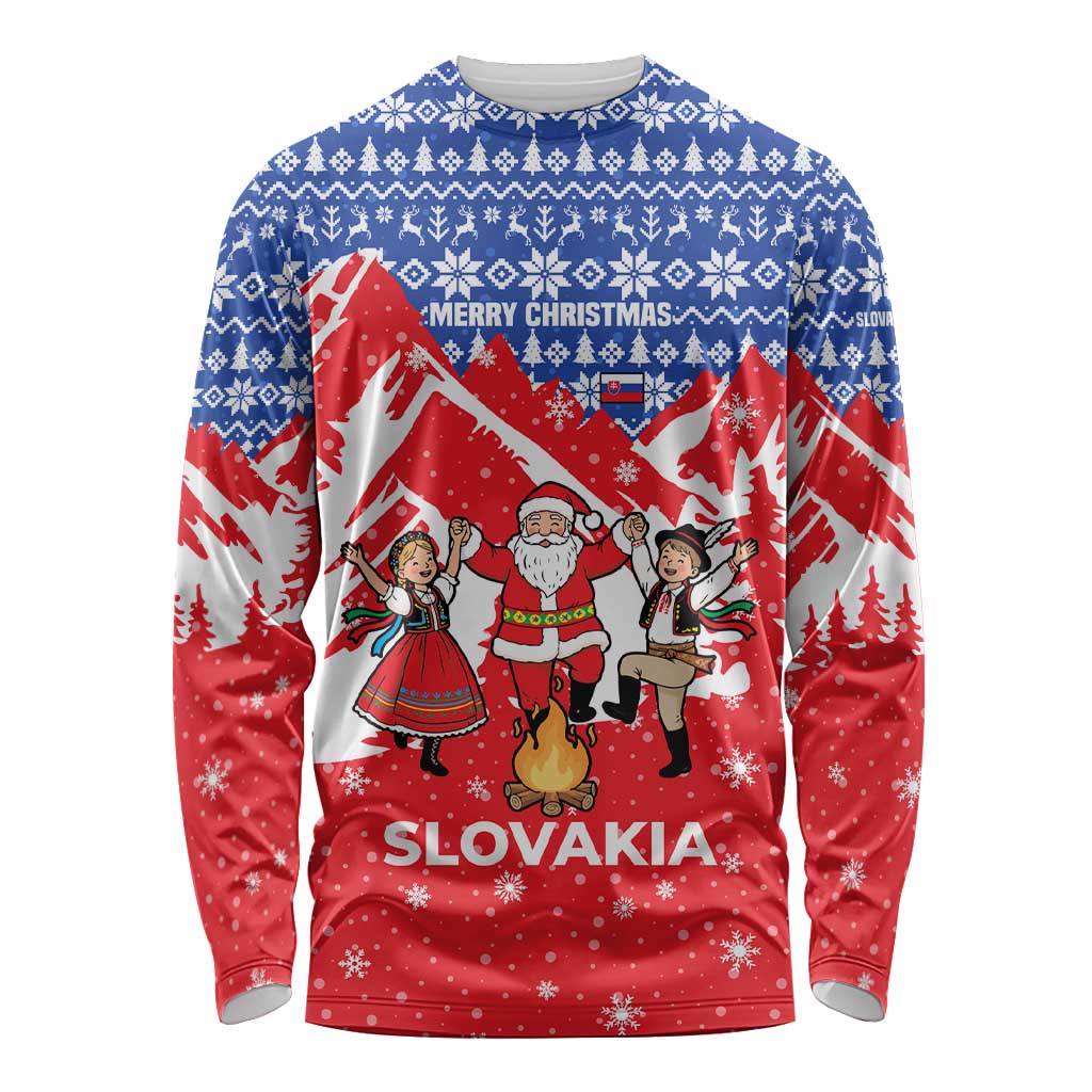 Slovakia Christmas Long Sleeve Shirt with Santa and Dancers by Campfire Snowy Mountains and Red Blue Snowflake Pattern Design - Wonder Print Shop