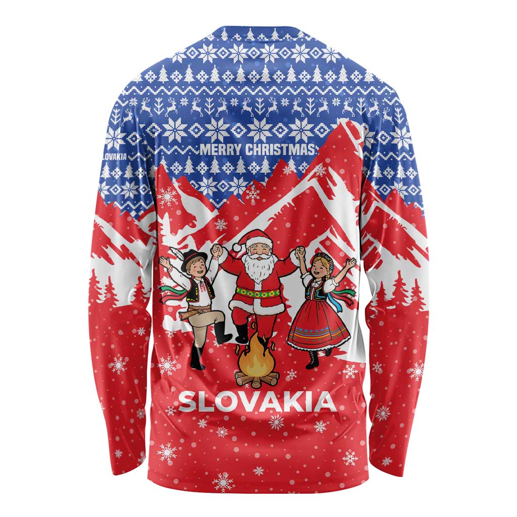 Slovakia Christmas Long Sleeve Shirt with Santa and Dancers by Campfire Snowy Mountains and Red Blue Snowflake Pattern Design - Wonder Print Shop