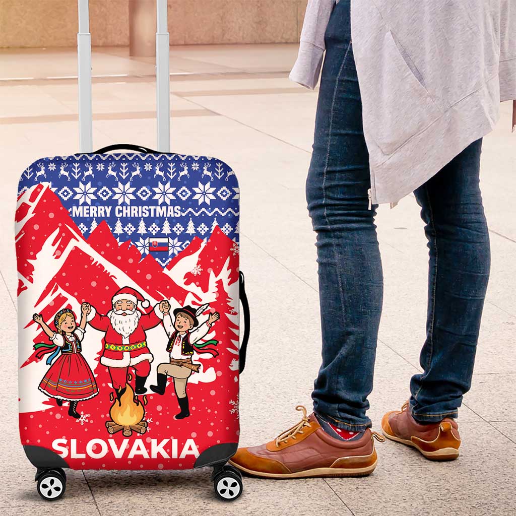 Slovakia Christmas Luggage Cover with Santa and Dancers by Campfire Snowy Mountains and Red Blue Snowflake Pattern Design - Wonder Print Shop