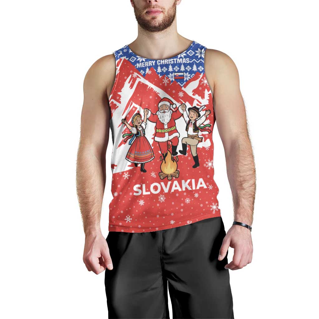 Slovakia Christmas Men Tank Top with Santa and Dancers by Campfire Snowy Mountains and Red Blue Snowflake Pattern Design - Wonder Print Shop