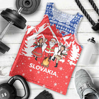 Slovakia Christmas Men Tank Top with Santa and Dancers by Campfire Snowy Mountains and Red Blue Snowflake Pattern Design - Wonder Print Shop