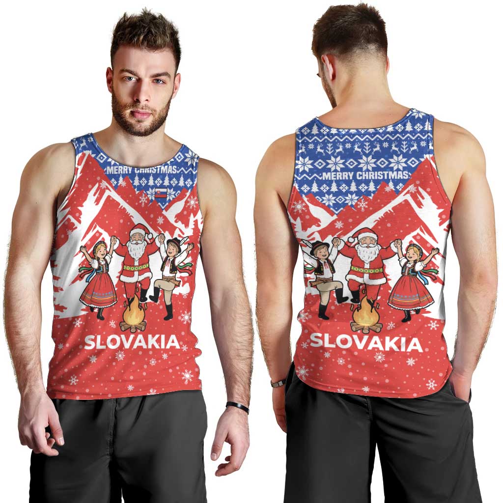 Slovakia Christmas Men Tank Top with Santa and Dancers by Campfire Snowy Mountains and Red Blue Snowflake Pattern Design - Wonder Print Shop