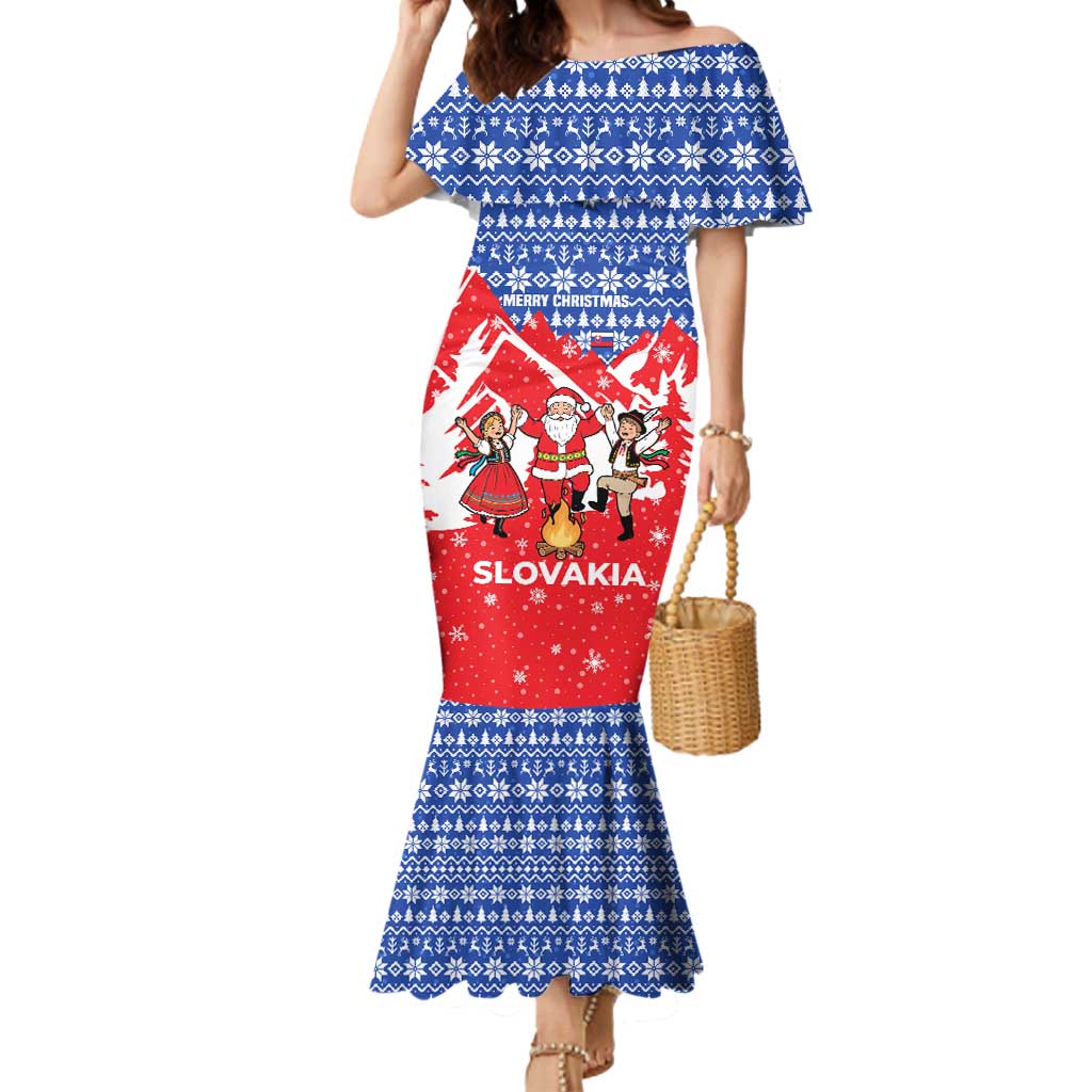 Slovakia Christmas Mermaid Dress with Santa and Dancers by Campfire Snowy Mountains and Red Blue Snowflake Pattern Design - Wonder Print Shop