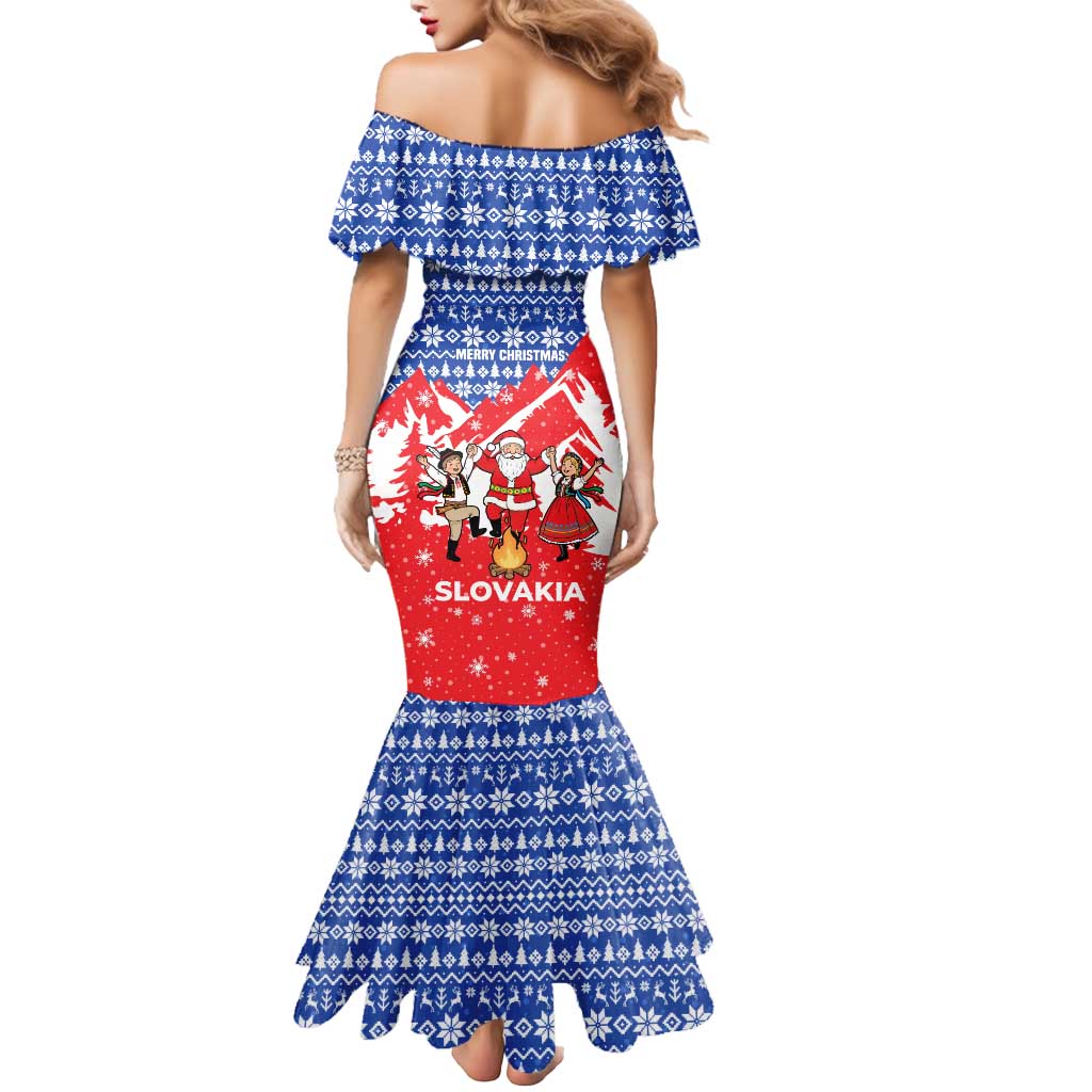 Slovakia Christmas Mermaid Dress with Santa and Dancers by Campfire Snowy Mountains and Red Blue Snowflake Pattern Design - Wonder Print Shop
