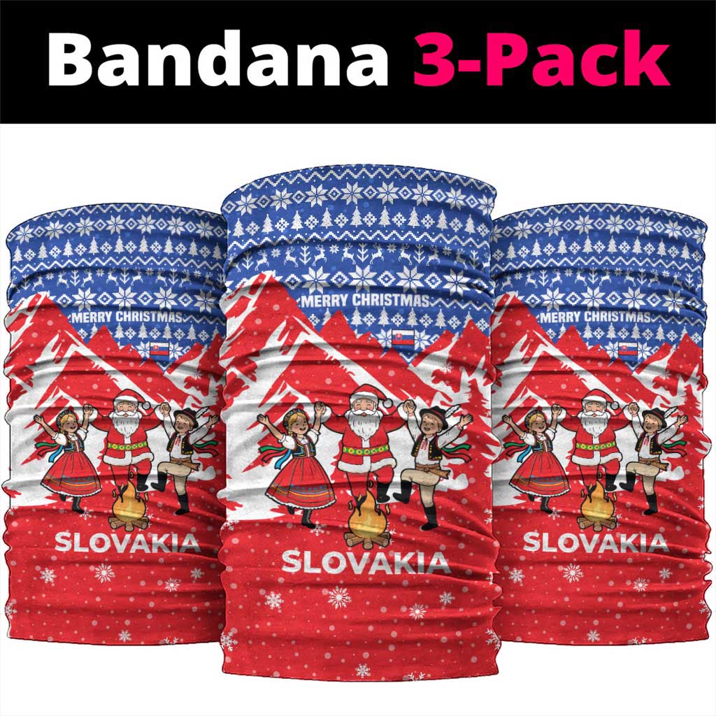 Slovakia Christmas Neck Gaiter with Santa and Dancers by Campfire Snowy Mountains and Red Blue Snowflake Pattern Design - Wonder Print Shop