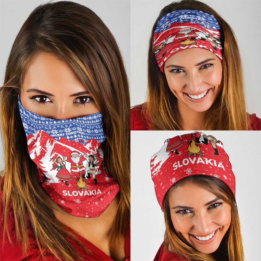 Slovakia Christmas Neck Gaiter with Santa and Dancers by Campfire Snowy Mountains and Red Blue Snowflake Pattern Design - Wonder Print Shop