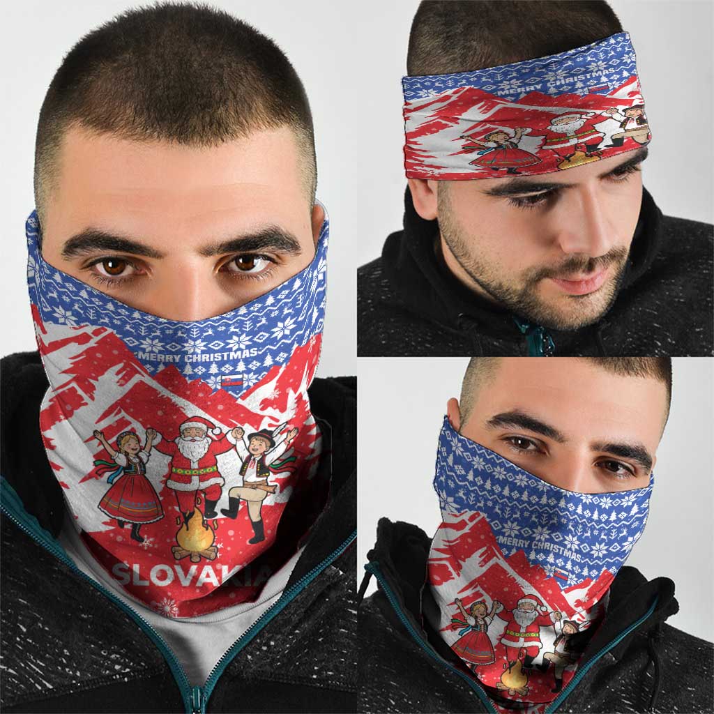 Slovakia Christmas Neck Gaiter with Santa and Dancers by Campfire Snowy Mountains and Red Blue Snowflake Pattern Design - Wonder Print Shop