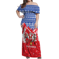 Slovakia Christmas Off Shoulder Maxi Dress with Santa and Dancers by Campfire Snowy Mountains and Red Blue Snowflake Pattern Design - Wonder Print Shop